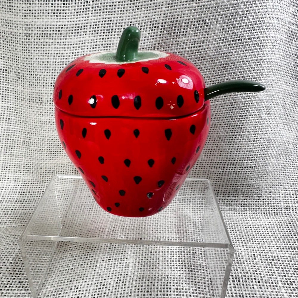 Marketplace Brands Strawberry Ceramic Jam Jar Condiment Pot Lid Spoon Red Green